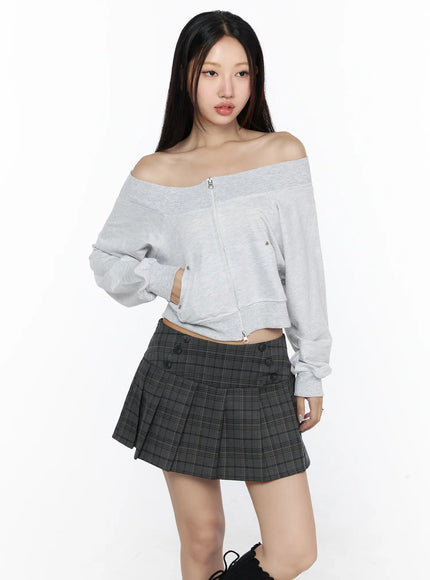 Off-Shoulder Zip-Up Cardigan CL527 in Light gray, size S/M