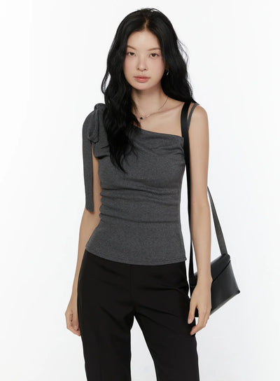 LEWKIN One-Shoulder Bow Top CL521 Dark gray S/M front model shot with bag styled with black trousers asymmetric neckline bow strap knit