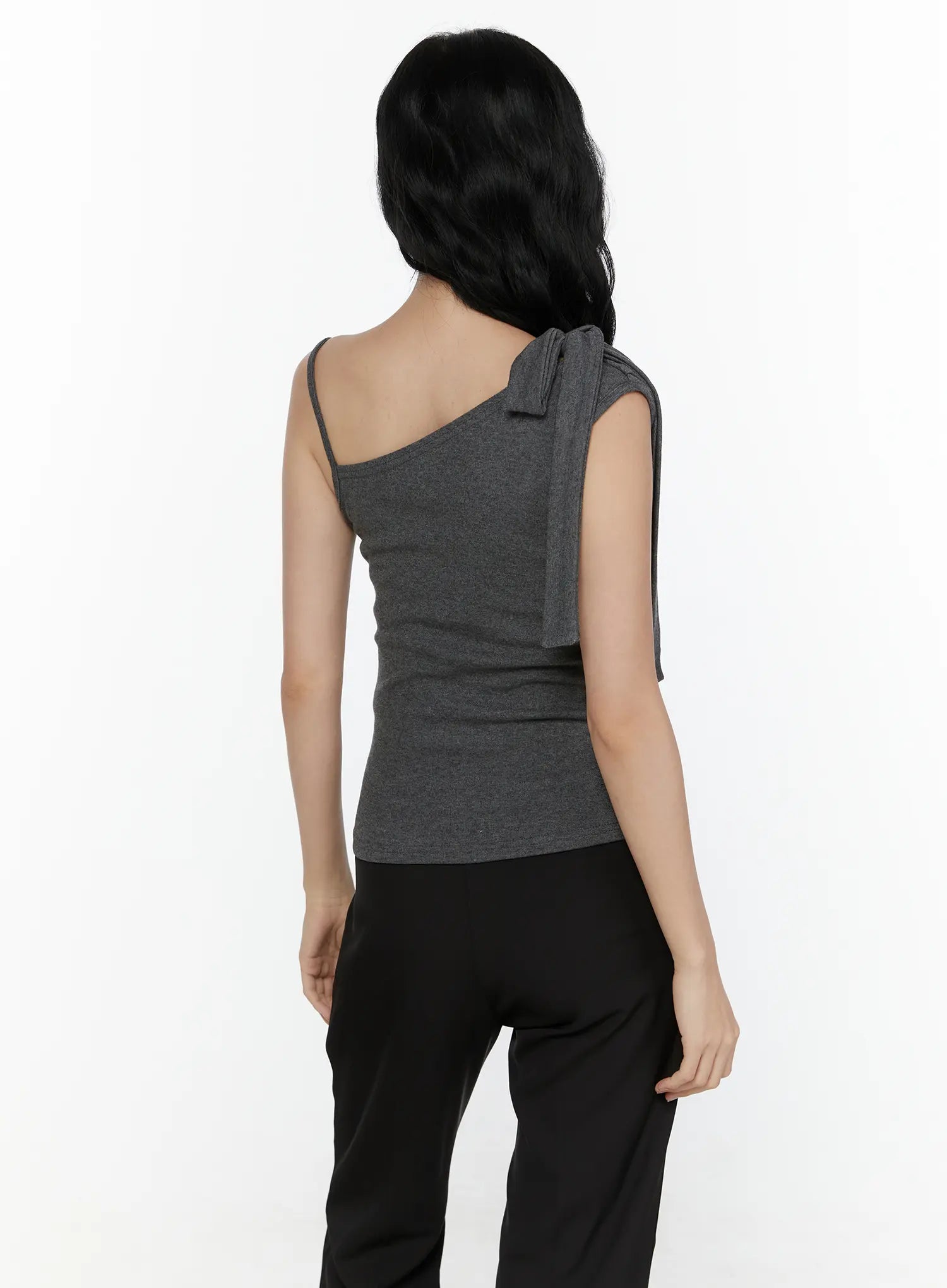 One-Shoulder Bow Top CL521 Dark gray back model half-body shot showing back view fitted knit with asymmetric spaghetti strap and bow ribbon detail