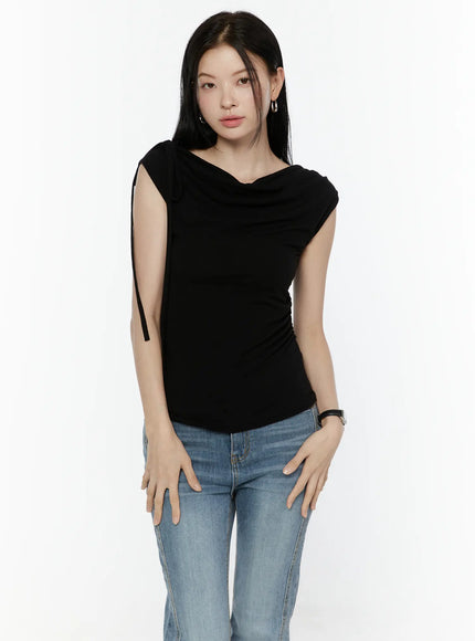 One Shoulder Ribbon Shirred Sleeveless Top IL506 in Black, size S/M