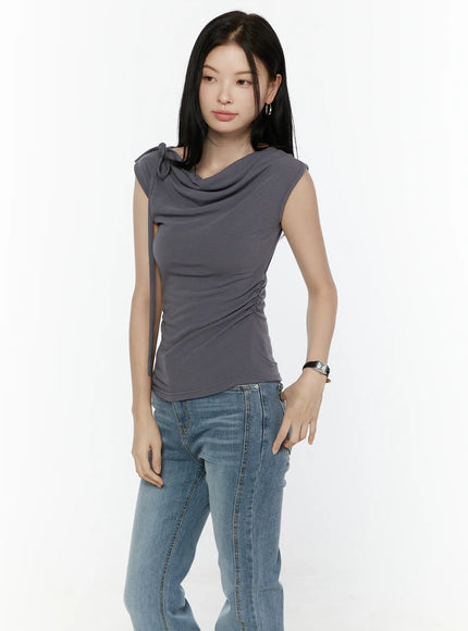 One Shoulder Ribbon Shirred Sleeveless Top IL506 in Dark gray, size S/M