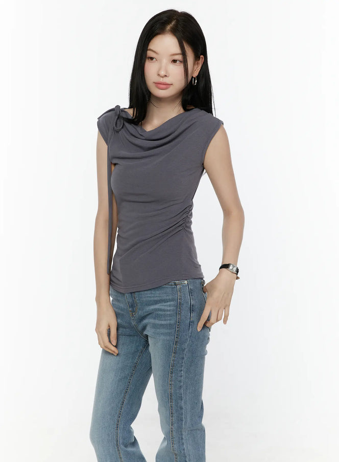 One Shoulder Ribbon Shirred Sleeveless Top IL506 in Dark gray, size S/M