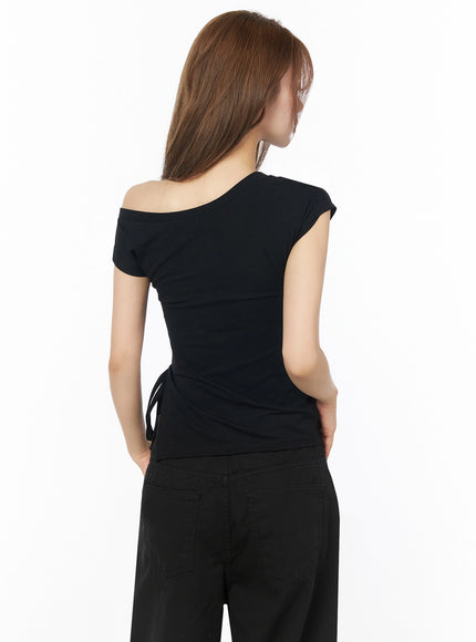 One-Shoulder Spiral Top IL502 Black back shot on model showing asymmetric off-shoulder back neckline, ruched fitted back, and side drawstring tie cutout