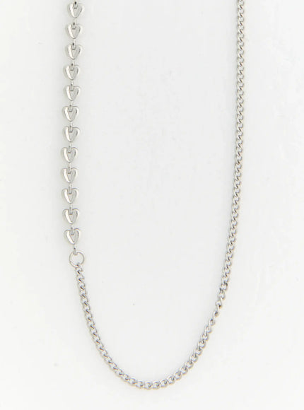 LEWKIN Opal Crystal Necklace IL517 silver flat-lay showing full necklace with heart-link chain section and curb chain section on white background