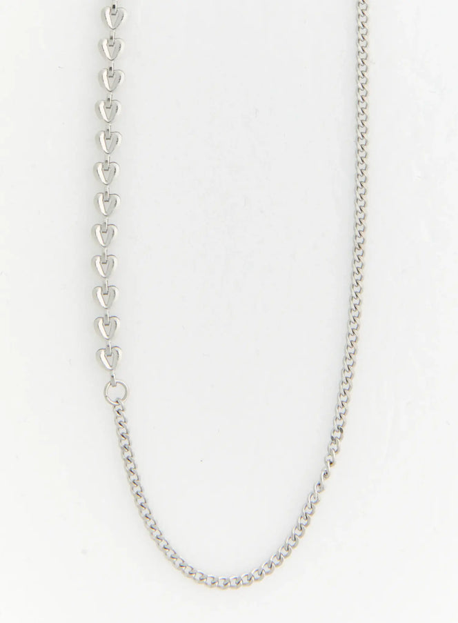 LEWKIN Opal Crystal Necklace IL517 silver flat-lay showing full necklace with heart-link chain section and curb chain section on white background