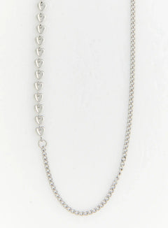 LEWKIN Opal Crystal Necklace IL517 silver flat-lay showing full necklace with heart-link chain section and curb chain section on white background