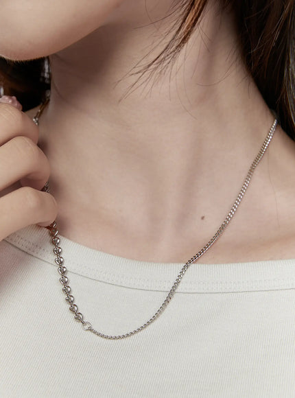 Opal Crystal Necklace IL517 silver on-model close-up worn on neck over white top showing heart-link and curb chain design