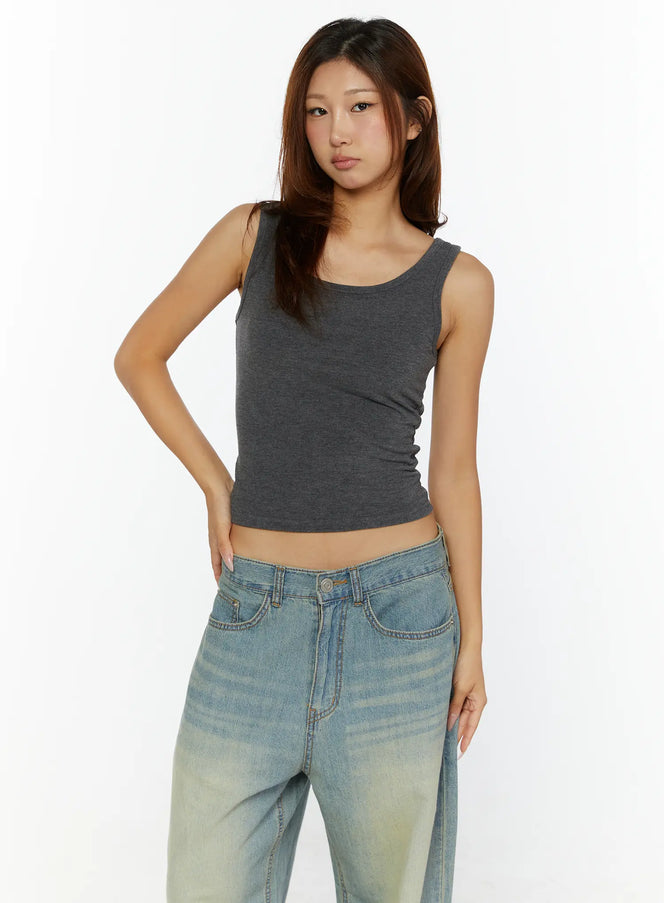 Open-Back Tank Top CL515 charcoal gray front shot on model with scoop neckline cropped silhouette, styled with light blue wash jeans