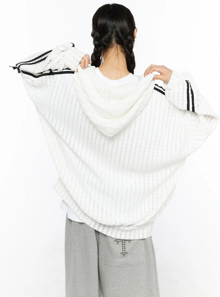 Oversized Bow Detail Windbreaker CU530 White back shot on model showing full rear ribbed semi-sheer knit texture hood detail black stripe bow accent sleeves