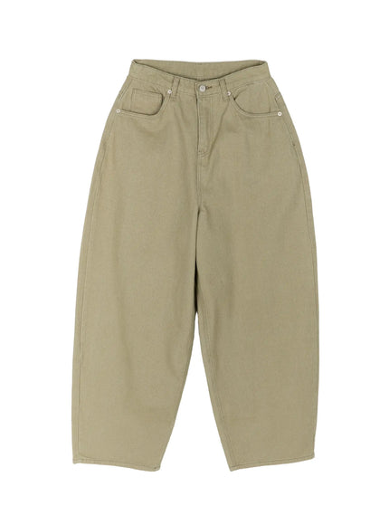 Oversized Cargo Pants IL522 Beige flat-lay front view showing balloon wide-leg silhouette high waist button closure and five-pocket construction