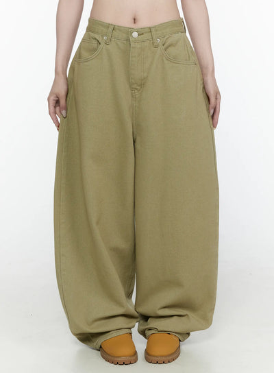 LEWKIN Oversized Cargo Pants IL522 Beige front crop shot on model showing wide-leg balloon silhouette with button closure and twill texture