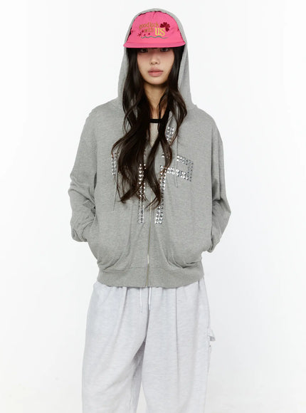 Oversized Cross Graphic Zip-Up Hoodie CL528 in Gray, size S/M