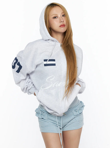 Oversized Graphic Zip-Up Hoodie CL528 in Light gray, size S/M