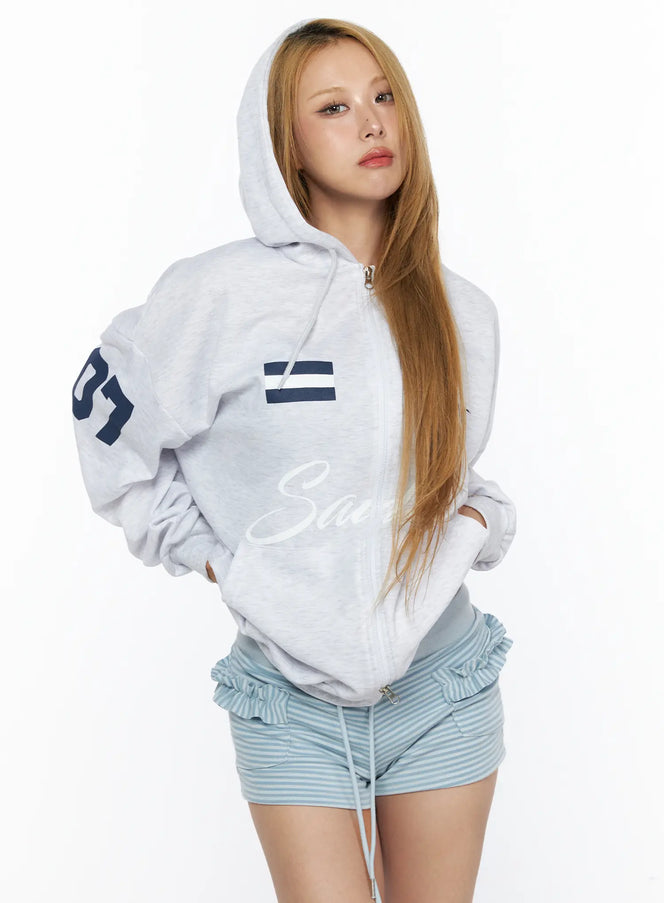 Oversized Graphic Zip-Up Hoodie CL528 in Light gray, size S/M