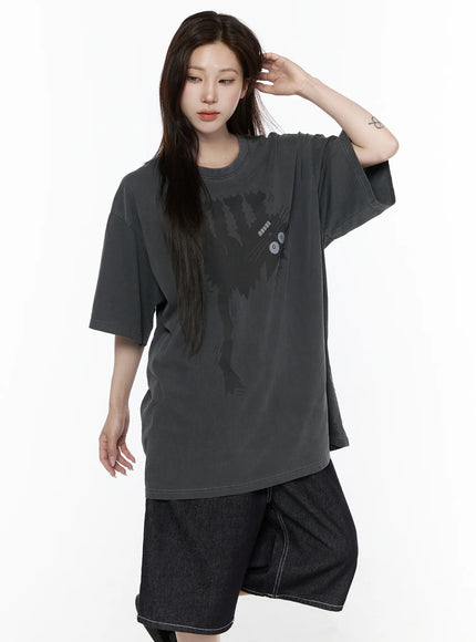 Oversized Kitty Graphic T-Shirt IL516 in Dark gray, size M/L