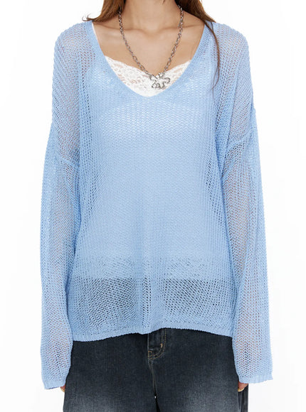 Oversized Knit V-Neck Sweater CL503 Light blue cropped front detail shot on model showing V-neck open-knit texture lace underlay and hem