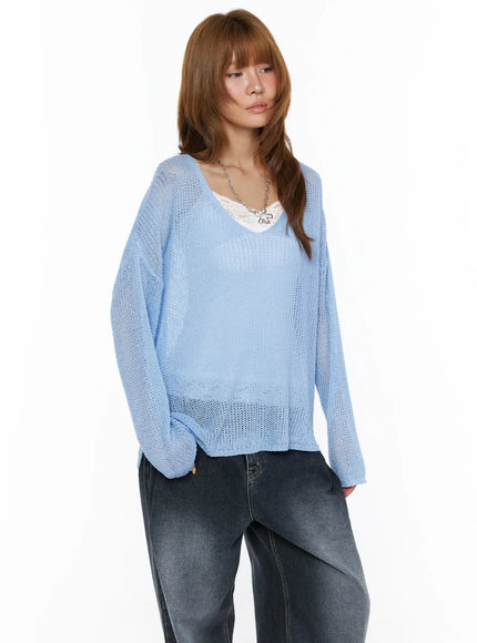 Oversized Knit V-Neck Sweater CL503 Light blue three-quarter front shot on model showing sheer knit V-neck and relaxed fit over dark jeans