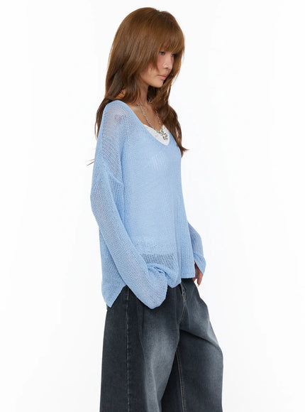 Oversized Knit V-Neck Sweater CL503 Light blue side close-up shot on model showing open-knit fabric V-neck detail and curved hem with jeans