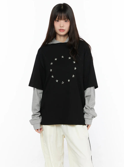 Oversized Layered Tee Striped Hoodie CL523 in Black, size M/L