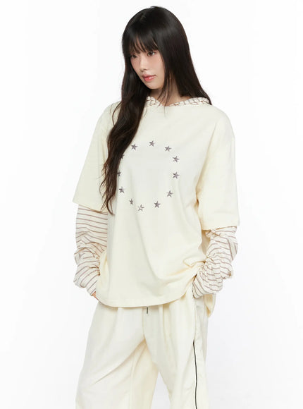 Oversized Layered Tee Striped Hoodie CL523 in Light beige, size M/L