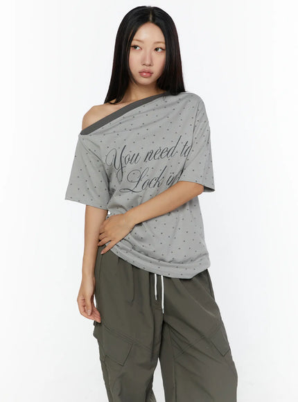 Oversized Polka Dot Off-Sholder Tee CU526 in Gray, size M/L