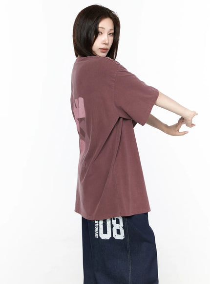 Oversized Seoul Graphic T-Shirt IL516 Dark red side shot on female model arms extended forward showing partial back SEOUL graphic and boxy silhouette