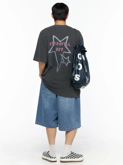 Oversized Star Graphic T-Shirt IL516 Charcoal close-up back detail showing large star outline with STARSFALL OFF pink and blue lettering on washed fabric