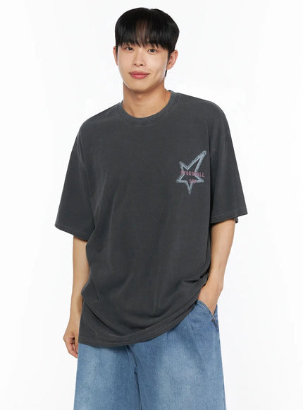 Oversized Star Graphic T-Shirt IL516 Charcoal front full view on male model standing with hand in pocket styled with blue wide-leg jeans