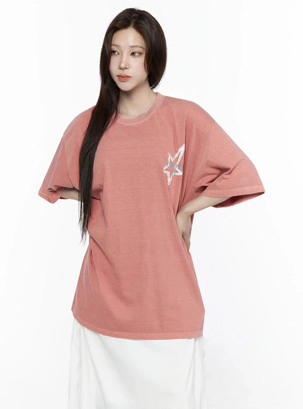Oversized Star Graphic T-Shirt IL516 Pink back view on female model hands in hair showing large star graphic and STARSFALL OFF lettering