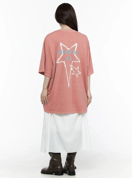 Oversized Star Graphic T-Shirt IL516 Pink back view on female model showing large STARSFALL OFF star graphic print on washed oversized tee