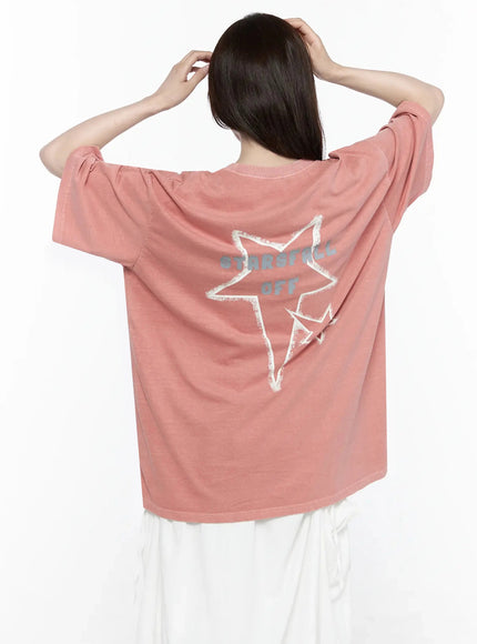 Oversized Star Graphic T-Shirt IL516 Pink close-up back detail of large white star outline and STARSFALL OFF text graphic on acid-washed cotton