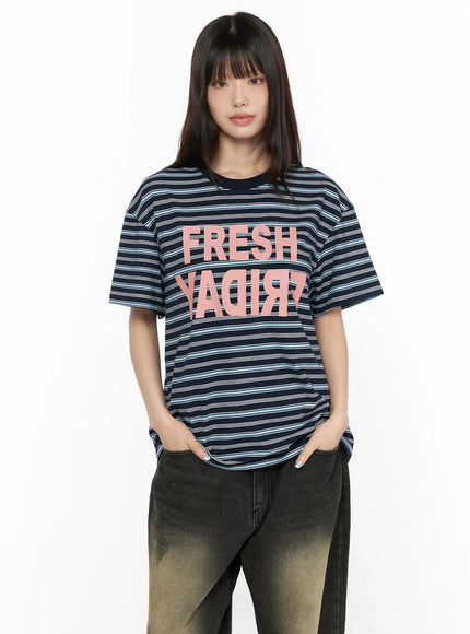 Oversized Striped Graphic Tee CL523 in Dark blue, size M/L