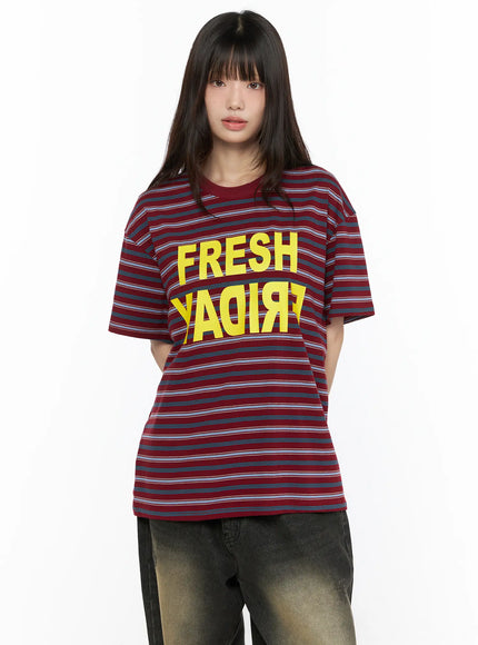 Oversized Striped Graphic Tee CL523 in Dark red, size M/L