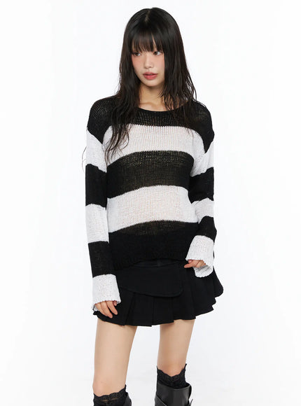 Oversized Striped Knit Sweater CU530 in Black, size S/M