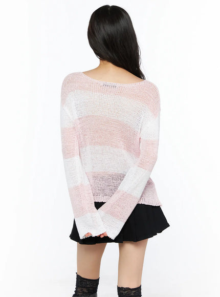Oversized Striped Knit Sweater CU530 Pink back shot on model showing open-knit sheer fabric pink white diagonal stripe pattern wide back neckline and distressed hem edge