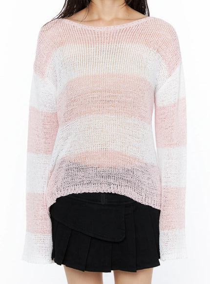 Oversized Striped Knit Sweater CU530 Pink close-up front detail shot on model showing sheer open-knit weave pink white horizontal stripes boat neckline and raw hem edge