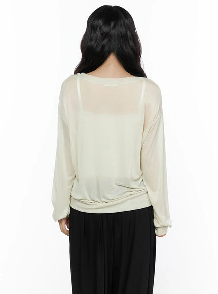 Oversized Summer Sheer V-Neck Long Sleeve Top CL513 Beige back model shot revealing sheer translucent fabric relaxed batwing sleeves and ribbed hem detail