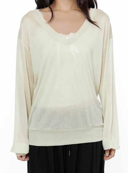 Oversized Summer Sheer V-Neck Long Sleeve Top CL513 Beige front detail close-up torso showing sheer semi-transparent fabric V-neck lace trim and ribbed hem