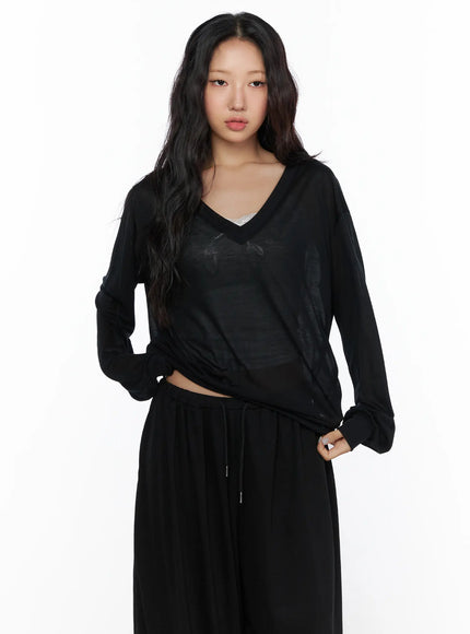 Oversized Summer Sheer V-Neck Long Sleeve Top CL513 in Black, size S/M
