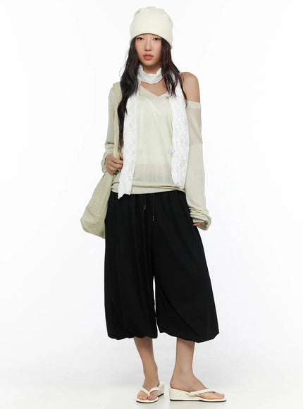 Oversized Summer Sheer V-Neck Long Sleeve Top CL513 Beige full-body front model standing styled with black wide-leg pants white flip-flops and lace scarf