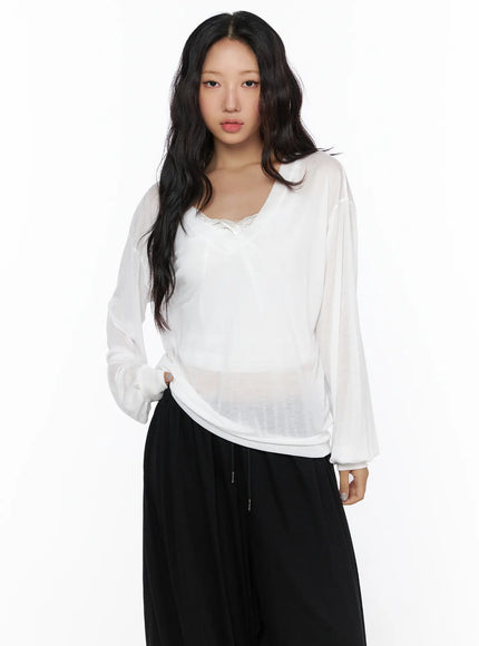 Oversized Summer Sheer V-Neck Long Sleeve Top CL513 in White, size S/M