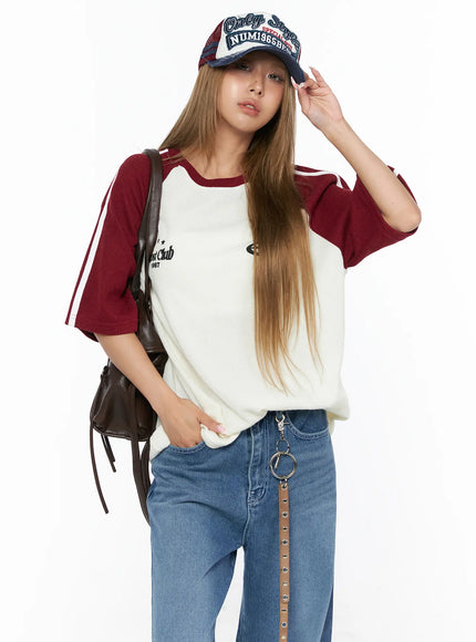 Oversized Waffle Knit Tee CU523 Dark red M/L front model shot styled with cap and backpack, ivory body with dark red raglan sleeves and white stripe detail