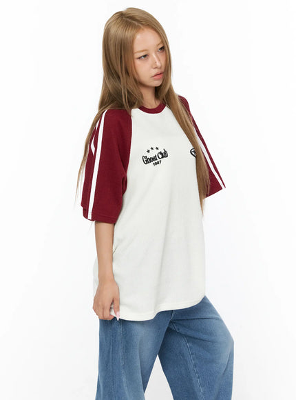 Oversized Waffle Knit Tee CU523 Dark red angled front model shot highlighting Ghost Club 1987 star embroidery and dark red raglan sleeve with white stripes