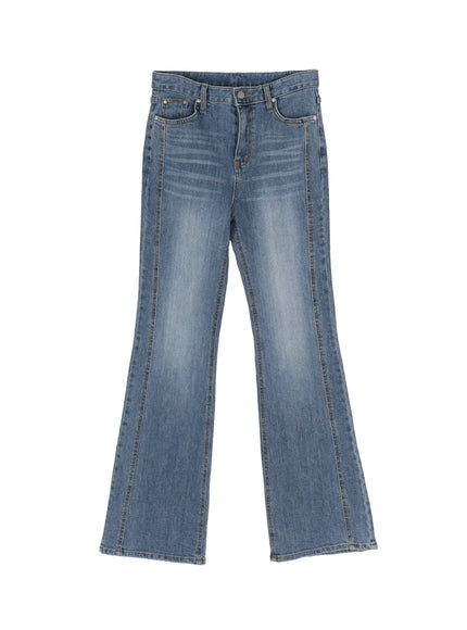 Paget Flared Bootcut Jeans IL506 Blue flat-lay front view showing full flared bootcut silhouette center seam faded wash and five-pocket construction