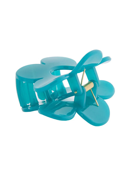 Petal Hair Pin IL514 Teal angled close-up showing open claw position with spring hinge and petal layers fully visible