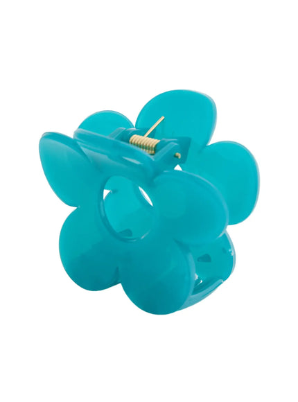 Petal Hair Pin IL514 Teal angled detail view showing double flower layers and gold metal spring hinge mechanism