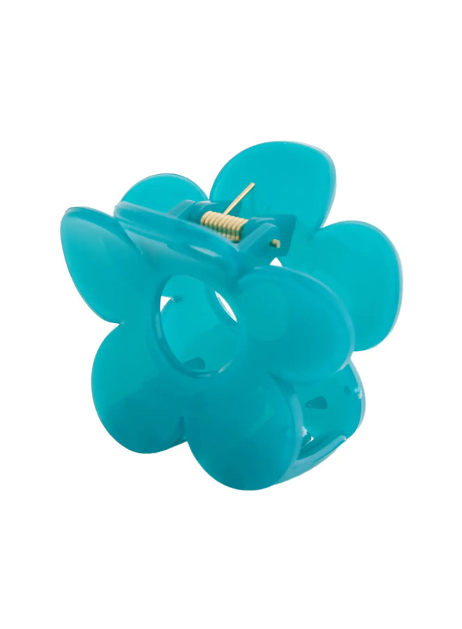 Petal Hair Pin IL514 Teal angled detail view showing double flower layers and gold metal spring hinge mechanism