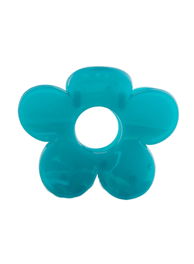 LEWKIN Petal Hair Pin IL514 Teal front flat-lay showing five-petal flower shape with open center circle, glossy acrylic finish