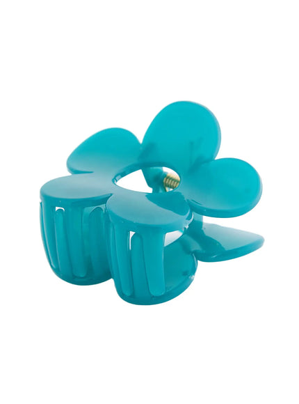 Petal Hair Pin IL514 Teal side detail shot showing ribbed claw grip teeth and gold spring pin hardware