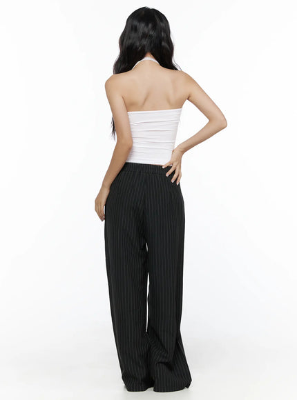 Pinstripe Wide Leg Trousers CL513 Black full-length back shot on model in white halter top showing rear waistband and wide straight-leg drape